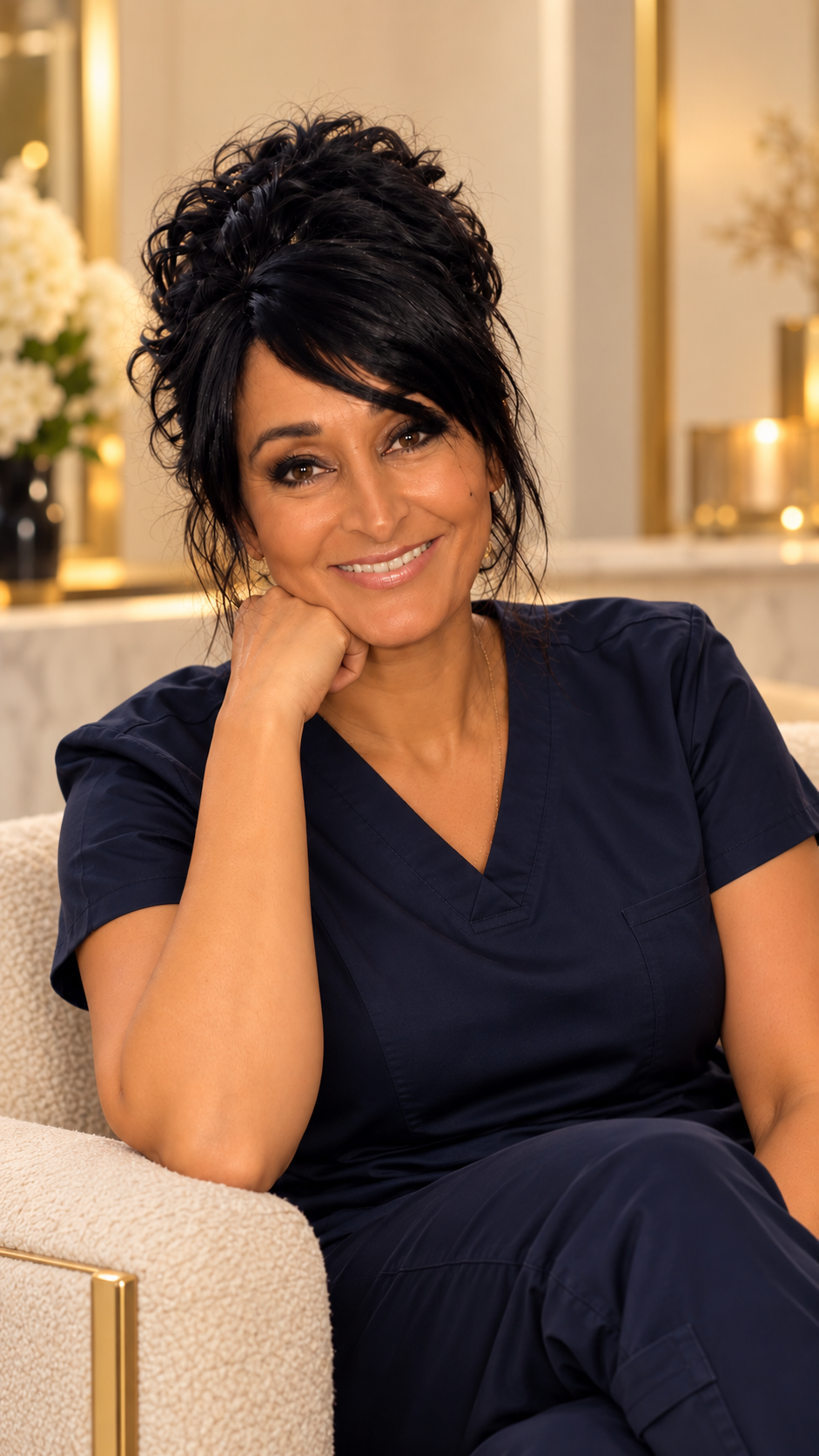 Sue Pal, founder and practitioner at Promise Aesthetics, seated in her clinic